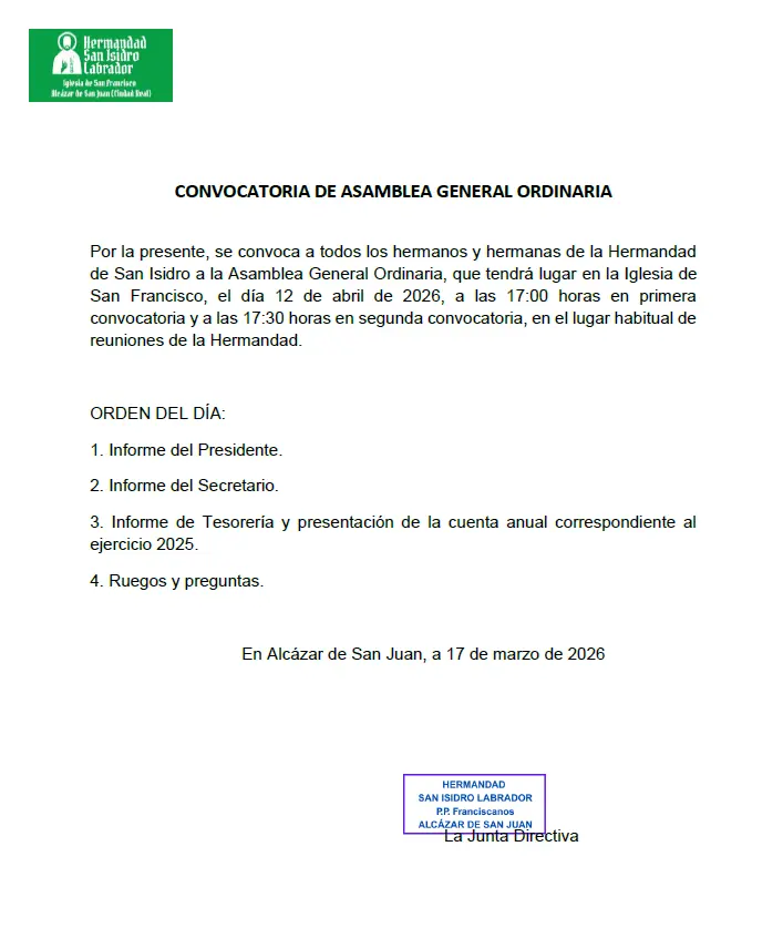 CONVOCATORIA ASAMBLEA GENERAL ORDINARIA
